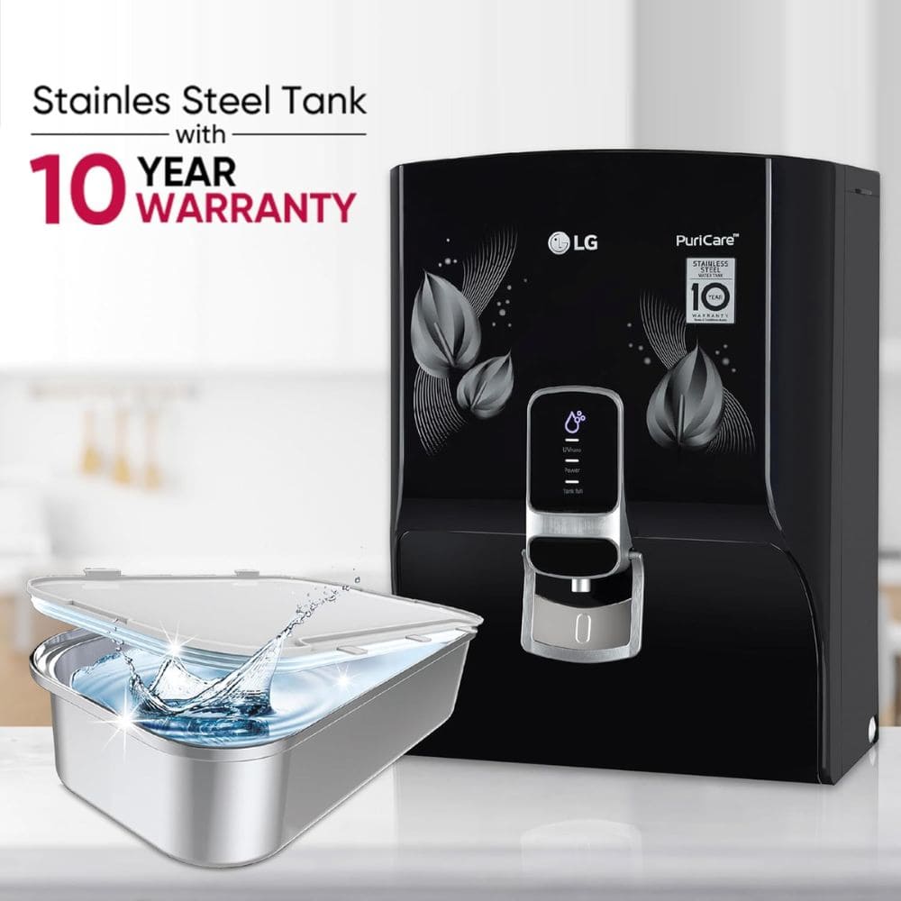 LG WW174NPB, 8 Litres RO+UV Mineral Booster Stainless Steel Tank Wall Mountable Water Purifier, Black