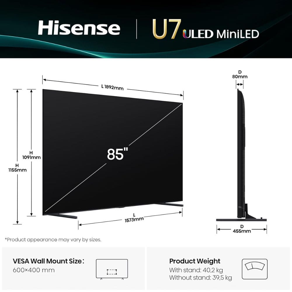 Hisense 85U7SE, 85 Inches 4K Ultra HD Smart QLED TV, Black