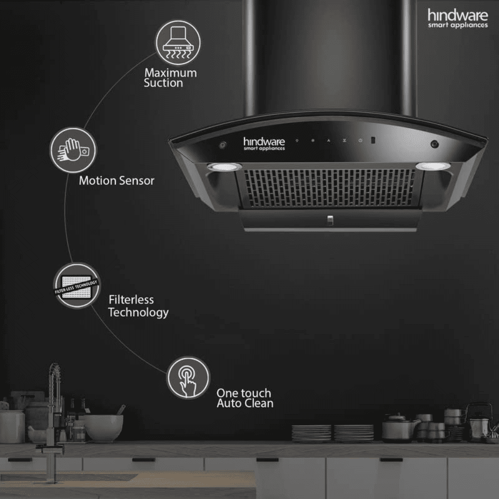 Hindware Divina BLK, 60 cm 1200 m3/hr Auto-Clean Kitchen Chimney With Motion Sensor & Touch Control (Black)