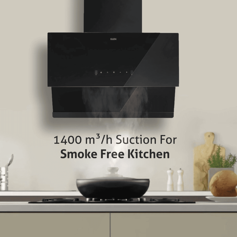 Glen 6065 BL MS, 75 cm 1400 m3/hr Auto Clean Wall Mounted Chimney, Filterless Technology with BLDC Motor (Black)