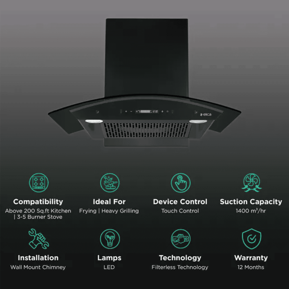 Elica FLCG LTW 750 HAC MS NERO, 75 cm 1400m3/hr Ducted Wall Mounted Chimney (Black)