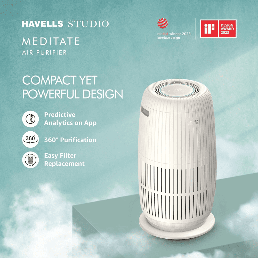 Havells AP250 Pearl Studio Meditate Air Purifier With AQI Display H14 HEPA filter (Bone White)