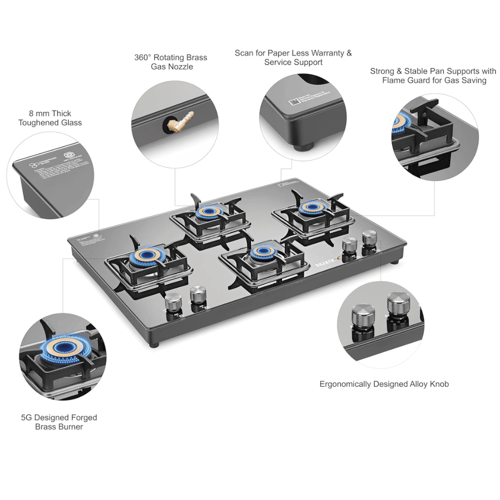 Sujata Cooktop Cross AI, 4 Burner Ultra-Thick Toughened Glass Top Auto Ignition Brass Burner Gas Stove (Black)
