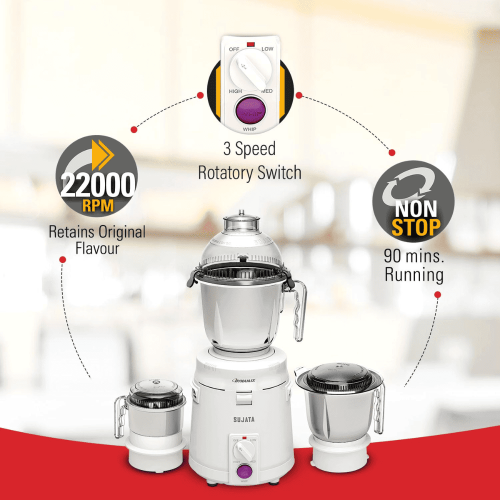 Sujata 900 Watts Mixer Grinder with 3 Jars (Dynamix, White)