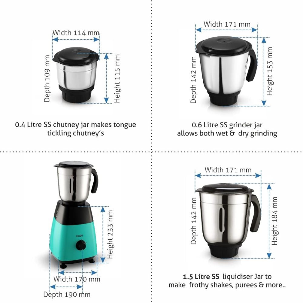 Glen MG 4023, 500 Watts Stainless Steel 3 Jars Mixer Grinder, heavy duty motor (Blue & Black)