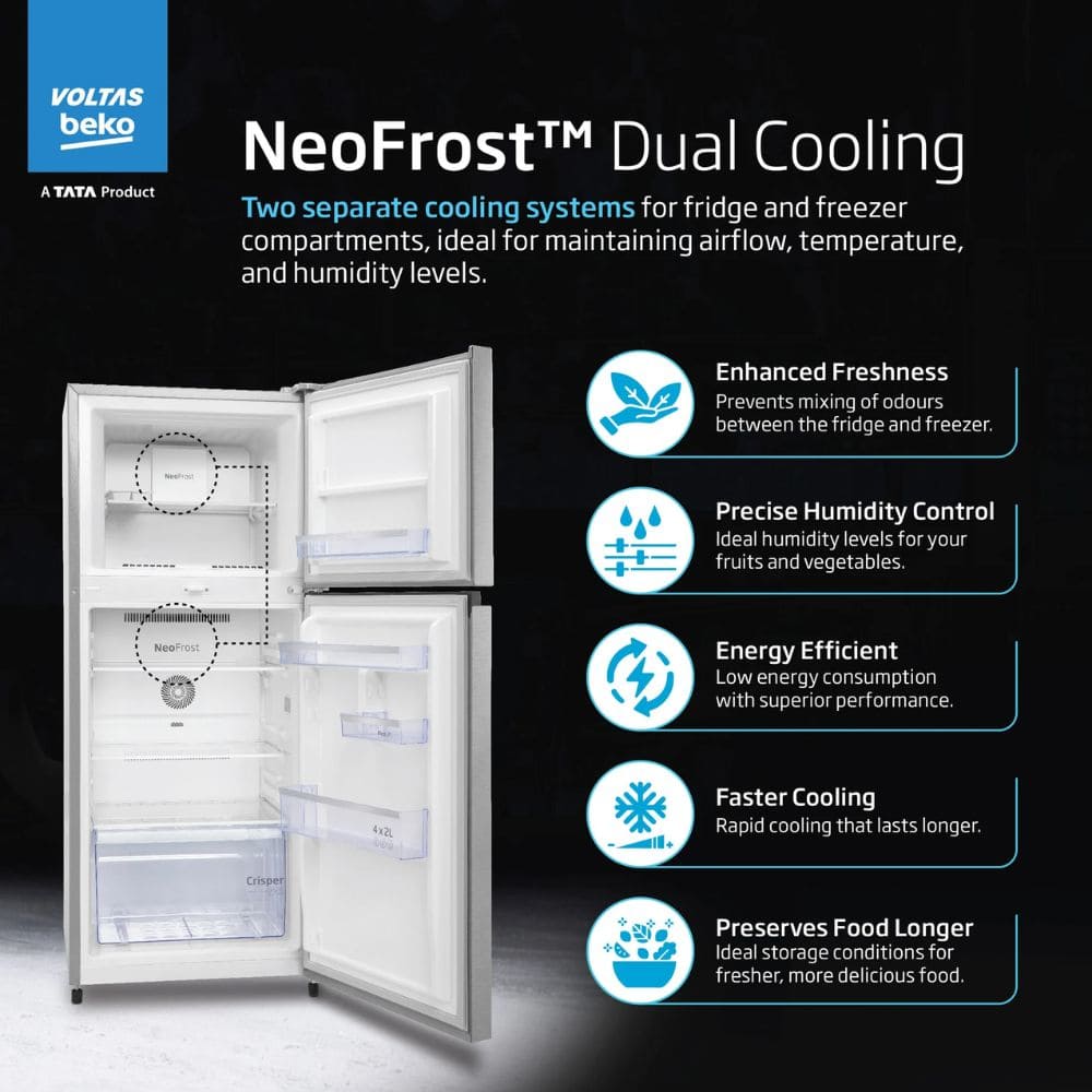 Voltas Beko 283 Ltrs, 2 Star 6 in 1 Adjustable Frost Free Inverter Double Door Refrigerator (RFF334D, Wooden Black)