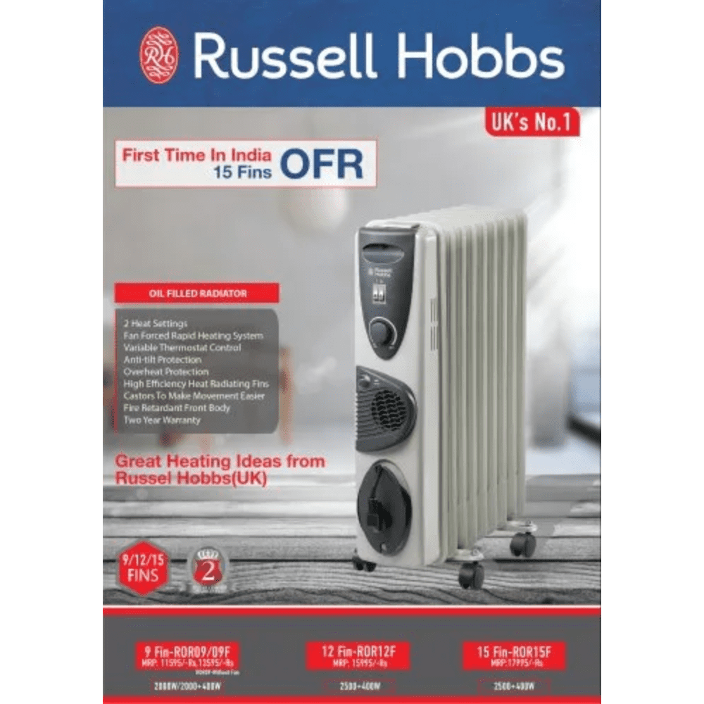 Russell Hobbs 15 Straight Fins, 2900 Watts Oil Filled Radiator Room Heater (OFR 13 F, Grey)