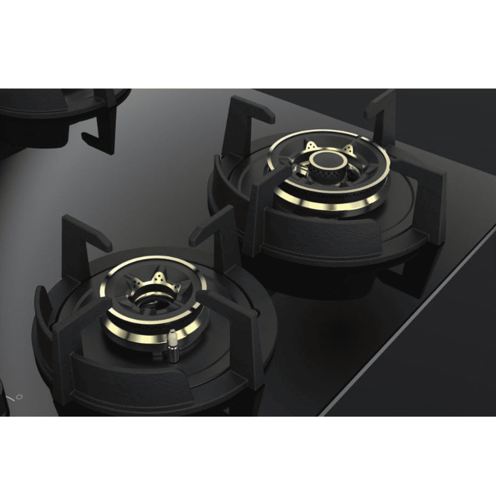 Hindware Hob , HAZEL 4B 60 4 Burner 60 cm Auto Ignition Glass Top Full Brass Burners 2 Medium + 1 small +1 High withFlame Guard Round Pan (Black)