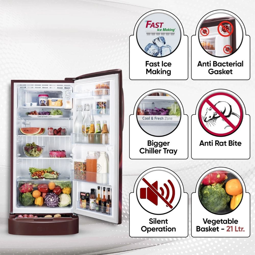 LG 224 Ltrs, 3 Star Direct Cool Single Door Refrigerator (Smart Inverter Compressor, GLD2336ZARW)