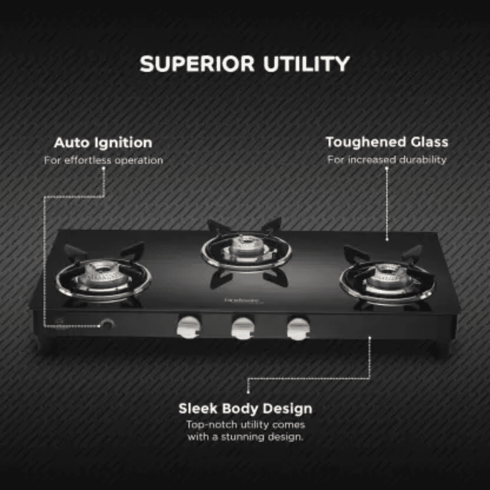 Hindware Cooktop, ARMO GL 3B AI BLK, 3 Burner 77 cm Auto Ignition Glass Top stainless steel Burners 3 Medium Gas Stove (Black)
