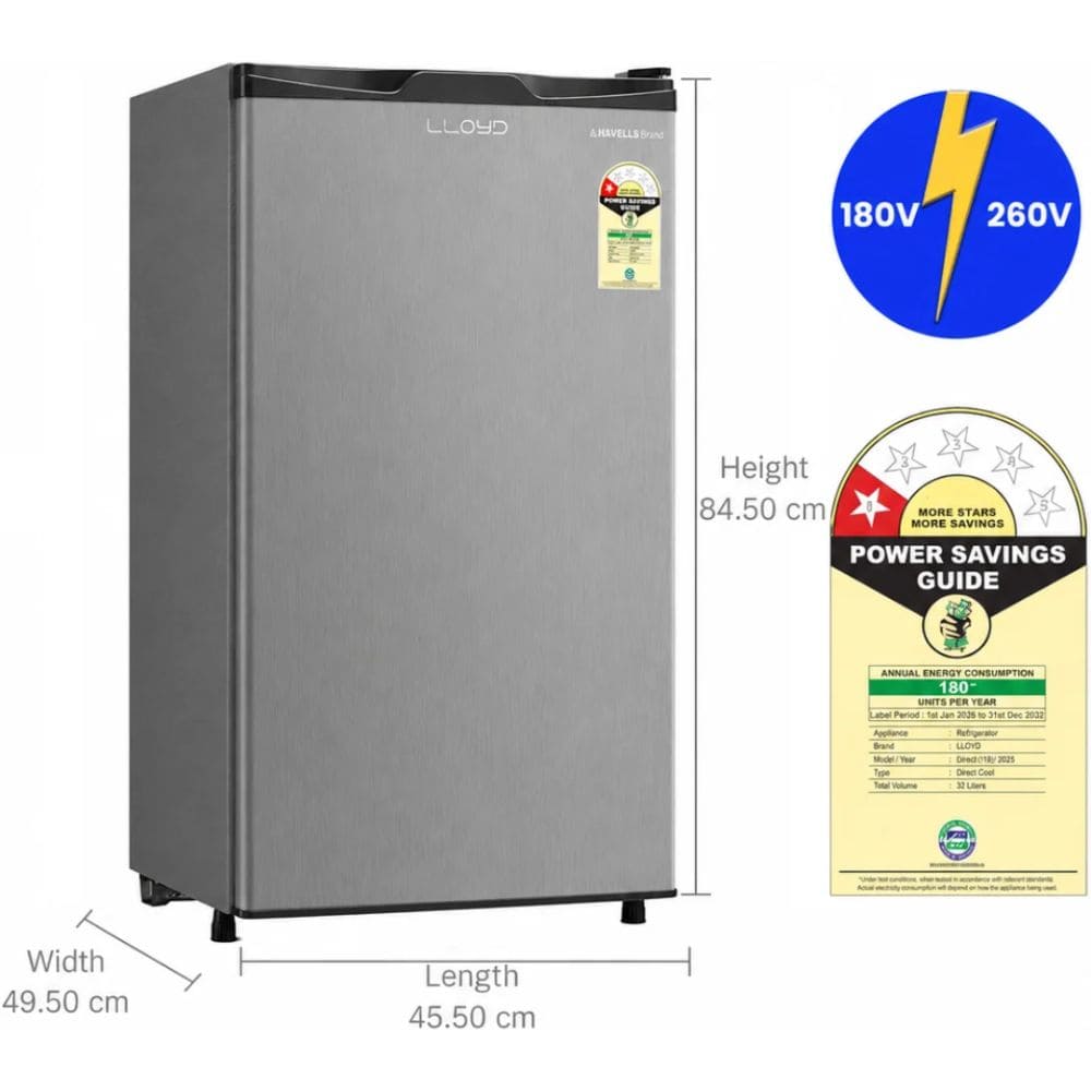 Lloyd 92 Ltrs, 1 Star Direct Cool Single Door Mini Refrigerator (GLDE111NMGCF,Metallic Grey)