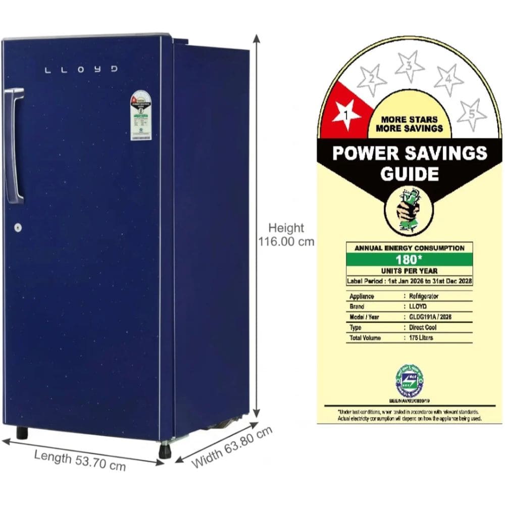 Lloyd 175 Ltrs, 1 Star Direct Cool Single Door Refrigerator (GLDG191ABBCF,Blink Blue)