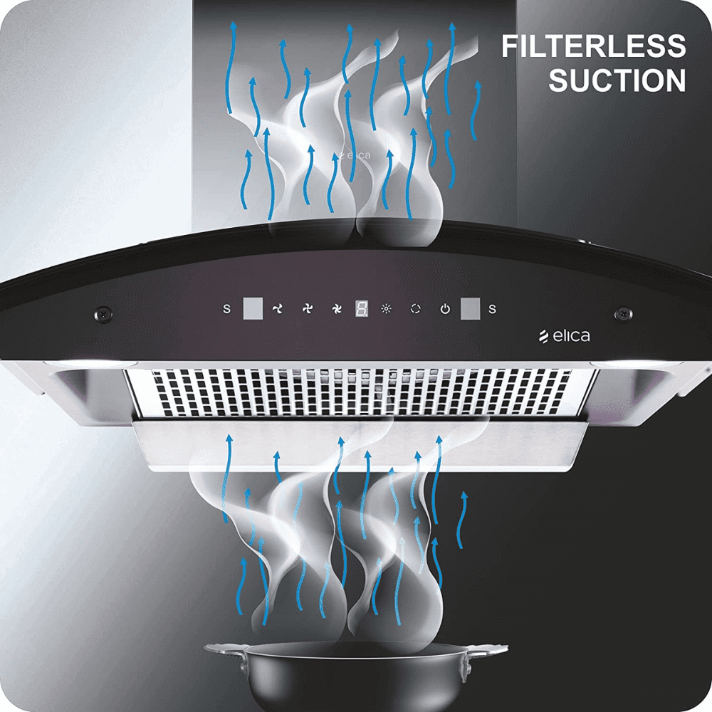 Elica FLCG LTW 600 HAC MS NERO, 60 cm 1200 m3/hr Filterless Auto clean Kitchen Chimney (Black)