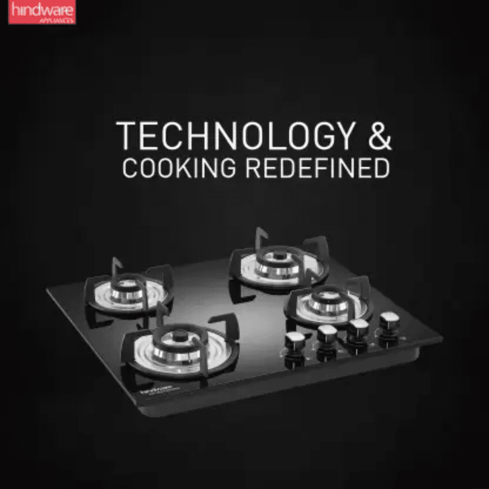 Hindware Hob, SARA+ 4B 60 CM, 4 Burner 60 cm Automatic Electric Glass Top Steel Burners 2 Medium + 1 small +1 High Flame Gas Stove (Black)