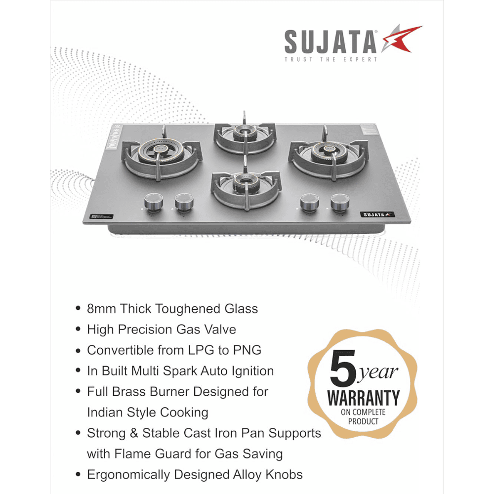 Sujata Hob, 4 Burner 60 cm Auto Ignition Glass Top Brass Burner 1 Larg+1 Medium + 2 small (Palladium FB 4B60, Black)