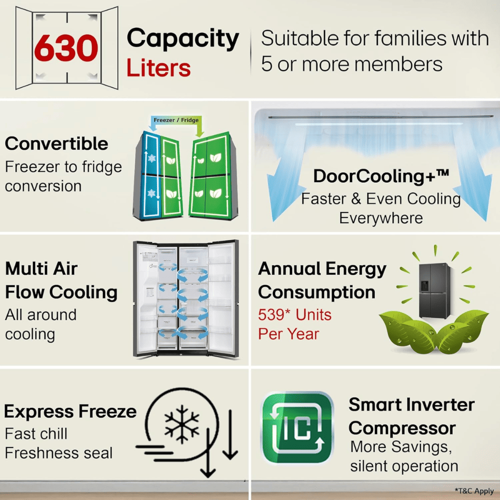 LG 630 Ltrs 3 Star, Inverter Frost Free, Side-by-Side Refrigerator (GL-L257CMC3)