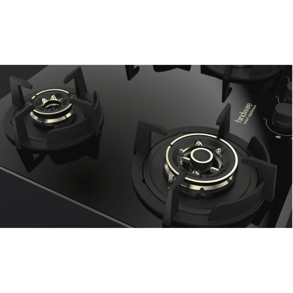 Hindware Hob, HAZEL 4B 60CM, 4 Burner 60 cm Auto Ignition Glass Top Brass Burner 2 Medium + 2 small Gas Stove (Black)