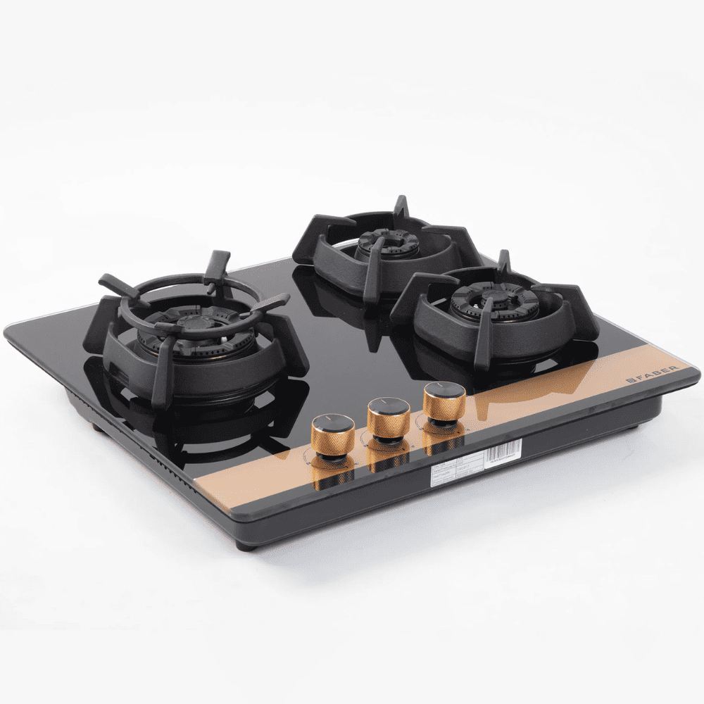 Faber Hob UTOPIA PRO 603, 3 Burner 60 cm Auto Electric Ignition Glass Top Full Brass Burners 1 Medium + 1 small +1 High with (Black)