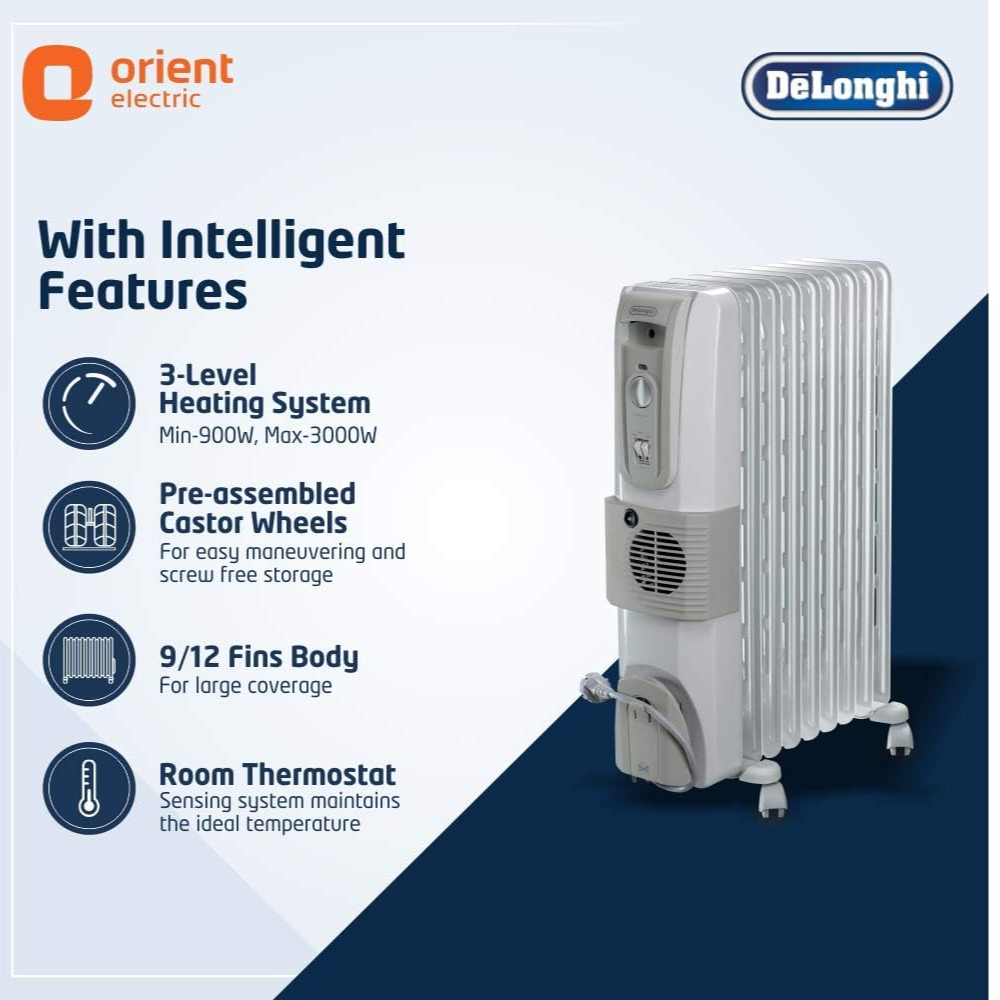 Delonghi 9 Straight Fins, Oil Filled Radiators Room Heater (KH770925V OFR12, Grey)