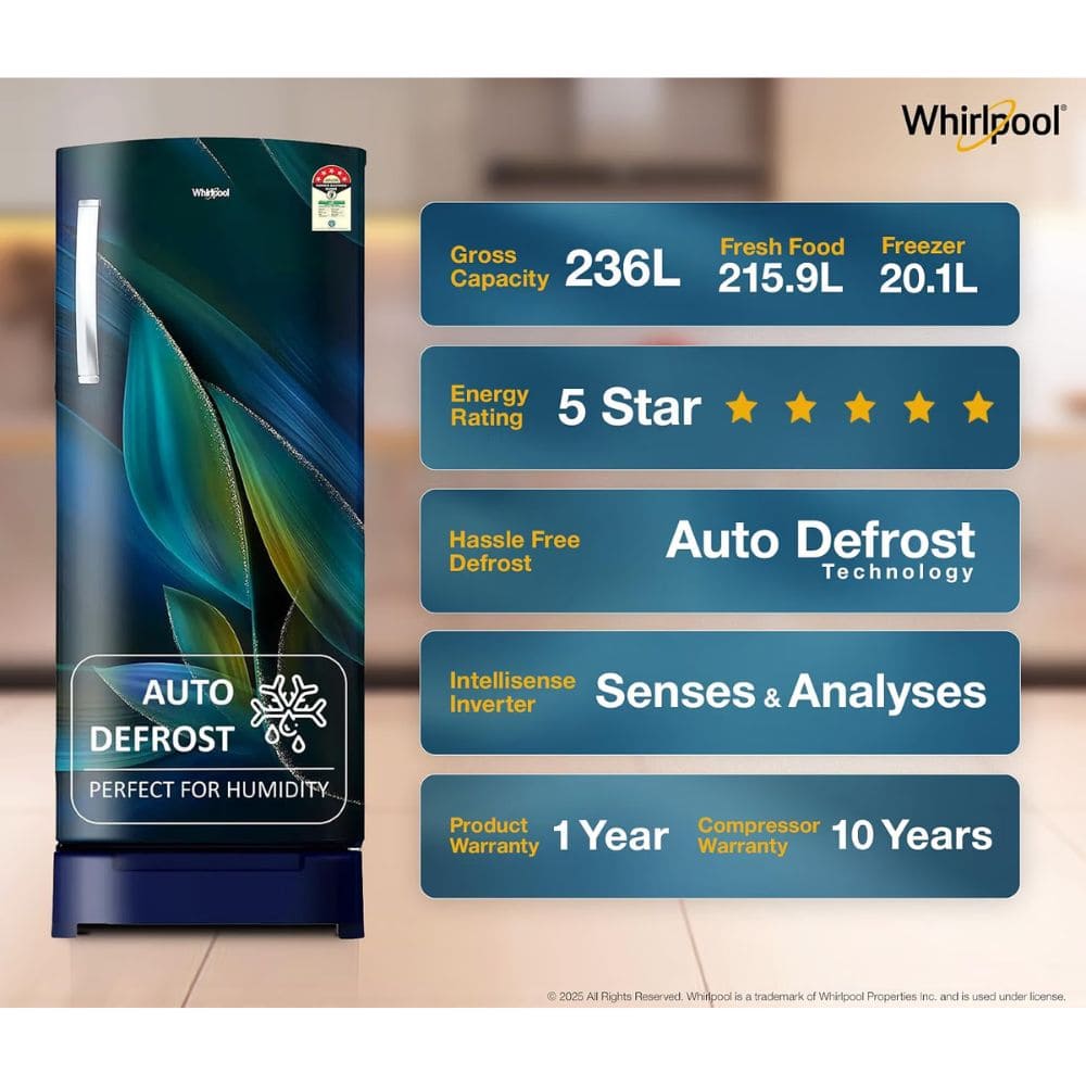 Whirlpool 236 Ltrs, 5 Star Frost Free Inverter Direct Cool Single Door Refrigerator (260 IMPRO PLUS ROY 5S INV BLUE BREEZE Y, Blue)
