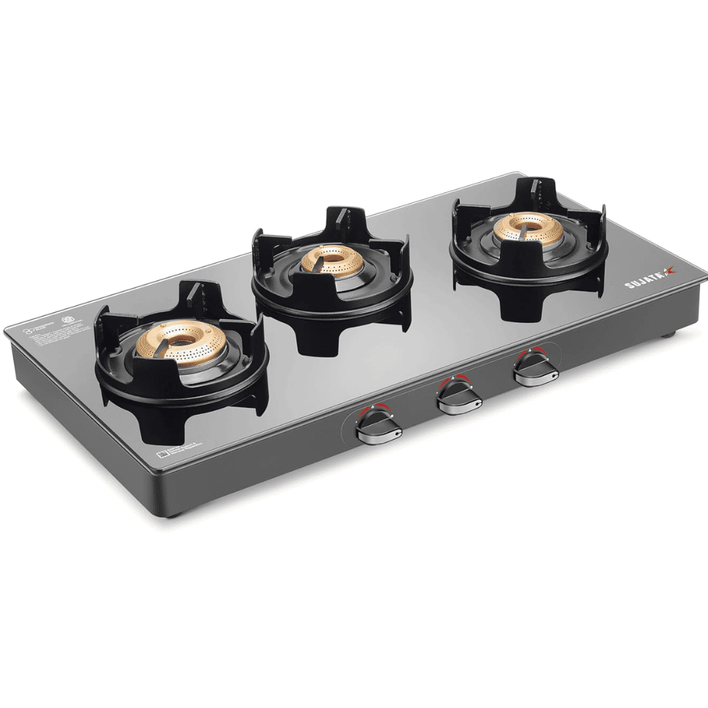 Sujata Cooktop Deluxe AI, 3 Burner Glass Top Auto Ignition Brass Gas Stove (Black)