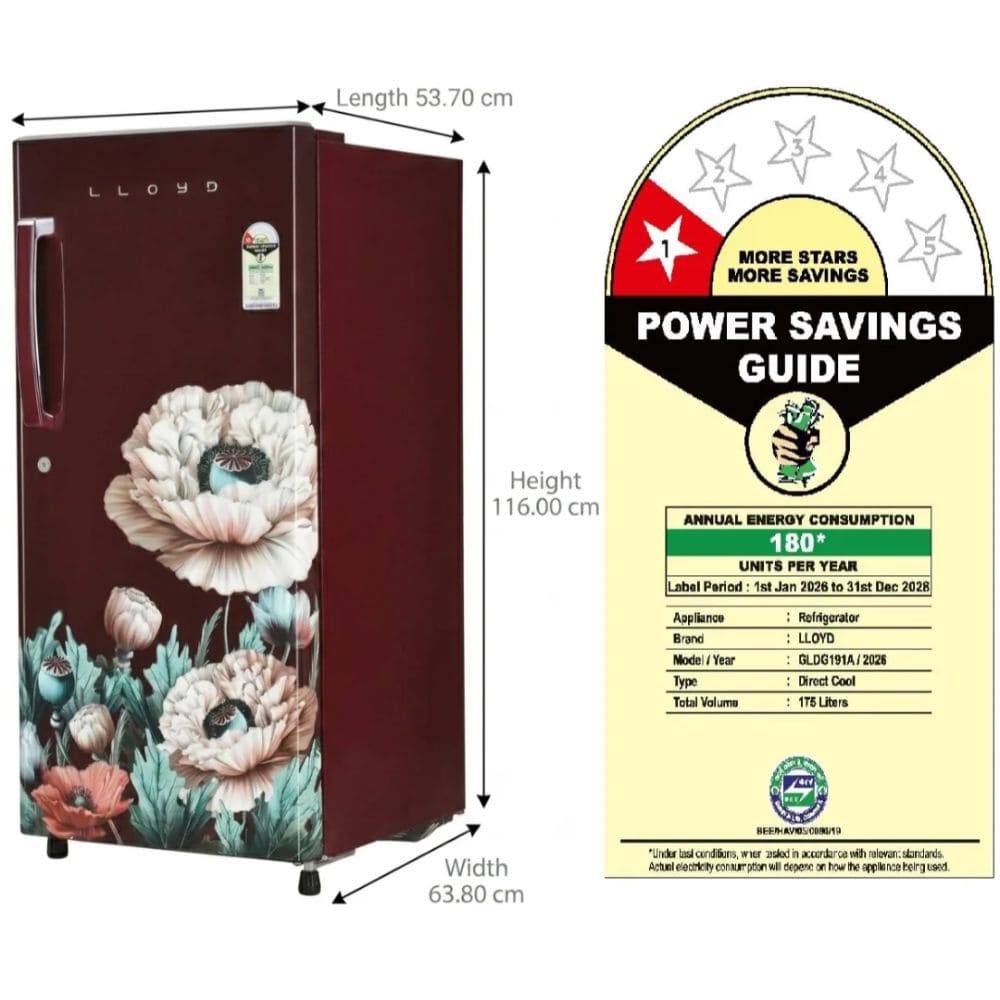 Lloyd 175 Ltrs, 1 Star Direct Cool Single Door Refrigerator (GLDG191AEWCF,Wine)