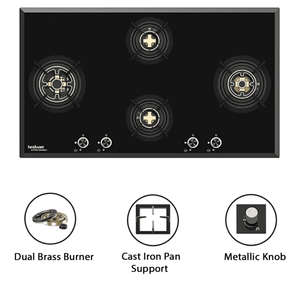 Hindware Hob, VALERIA 4B 90, 4 burner 90 cm Auto Ignition Glass Top Full Brass Burners 1 Medium + 2 Small + 1 High Gas Stove (Black)