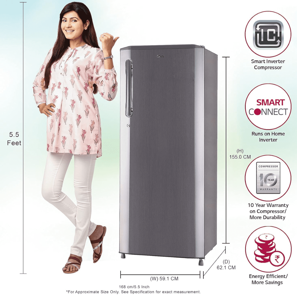 LG 261 Ltrs 3 Star Inverter Direct Cool Single Door Refrigerator (GL-B281BPZX, Shiny Steel)