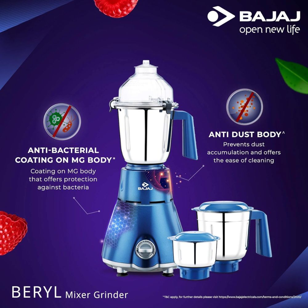 Bajaj 750 Watts 3 Jars Mixer Grinder (MG BERYL Persian,Blue)