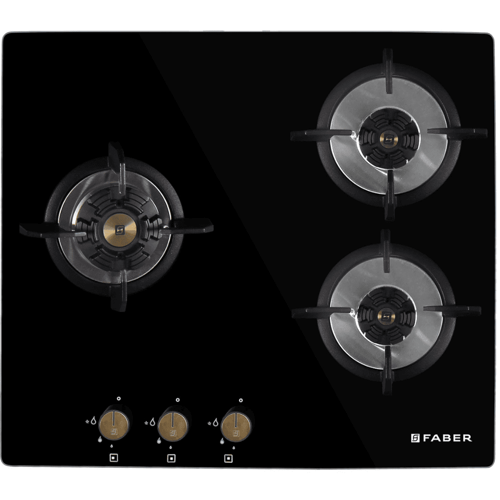 Faber Hob MAXUS HT603 CRS BR CI AI, 3 Burner 60 cm Auto Electric Ignition Glass Top Full Brass Burners 1 Medium + 1 small +1 High (Black)