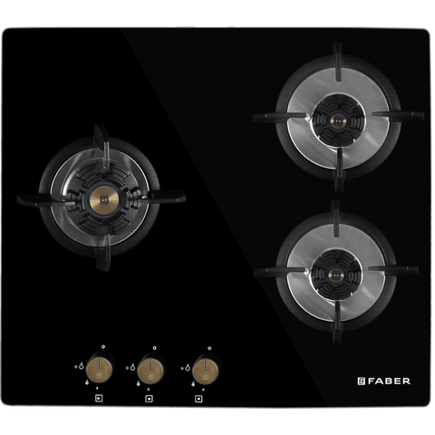 Faber Hob , MAXUS HT603 CRS BR CI AI, 3 Burner 60 cm Auto Electric Ignition Glass Top Full Brass Burners 1 Medium + 1 small +1 High with (Black)