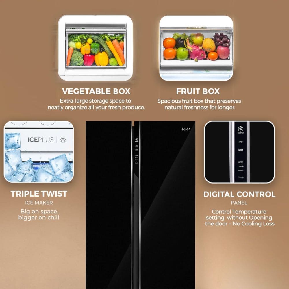 Haier 602 Ltrs, 3 Star Expert Inverter Frost Free2 Door Side by Side Refrigerator (HRS 682KS, Black Steel)