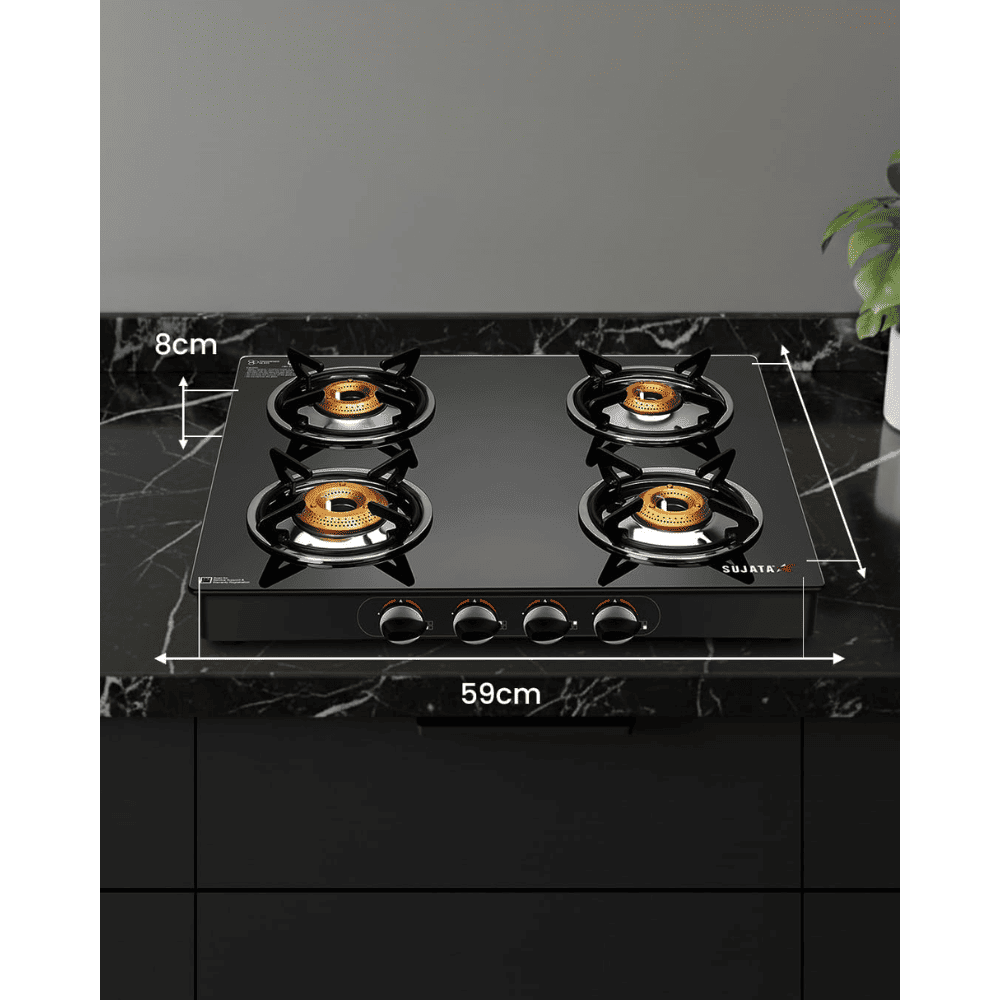 Sujata Cooktop Standard AI, 4 Burner Glass Top Auto Ignition Brass Gas Stove (Black)