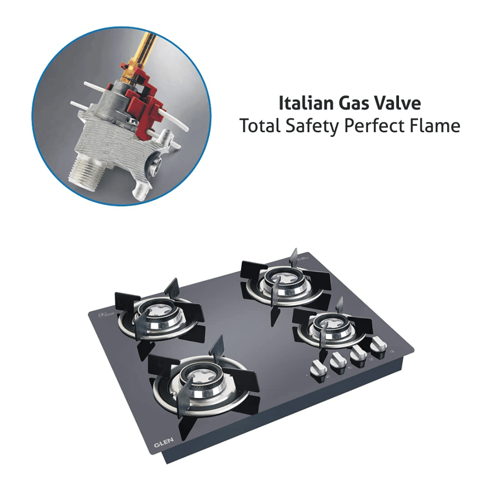 Glen Hob  1064 RO HT DB, 4 Burner 60 cm Automatic Ignition Glass Top Brass Burners 2 Small + 2 big Gas Stove with Double Ring Forged (Black)