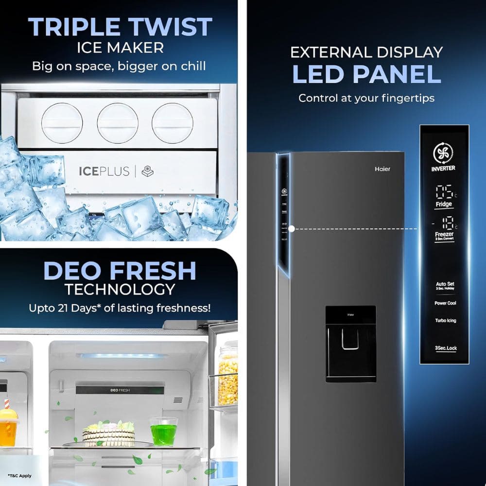 Haier 598 Ltrs, 3 Star Frost Free Expert Inverter Smart Sense AI enabled 3 Door Side by Side Refrigerator (HRT 683GOGU1, Grey Onyx Glasss)
