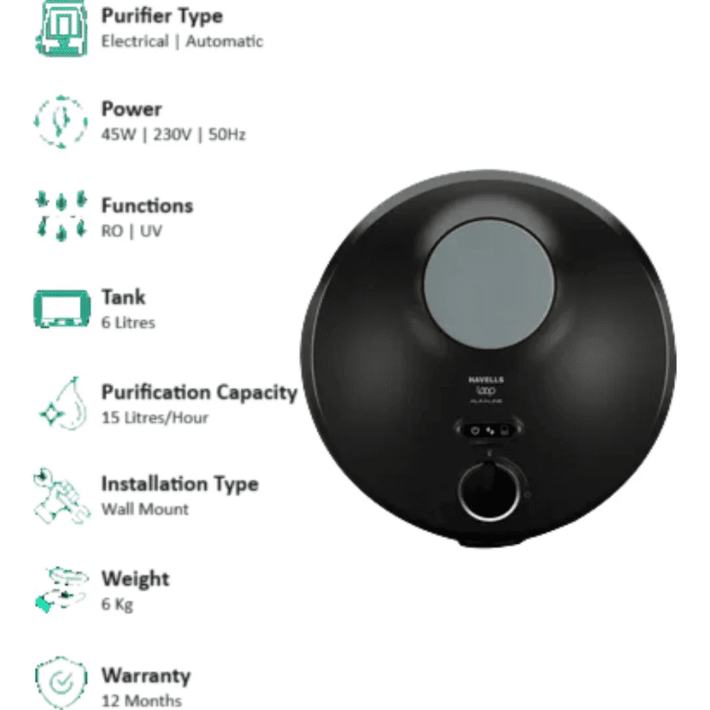 Havells Loop Alkaline, 6 Ltrs Storage, RO + Silver Wall Maountable Water Purifier, Silver & Black