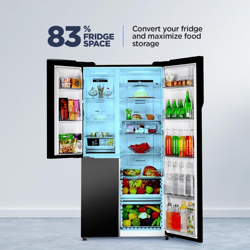 Haier 598 Ltrs, 3 Star Frost Free Expert Inverter Smart Sense AI enabled 3 Door Side by Side Refrigerator (HRT 683KGU1, Black Glass, Magic Convertible Zone, Deo Fresh Technology)
