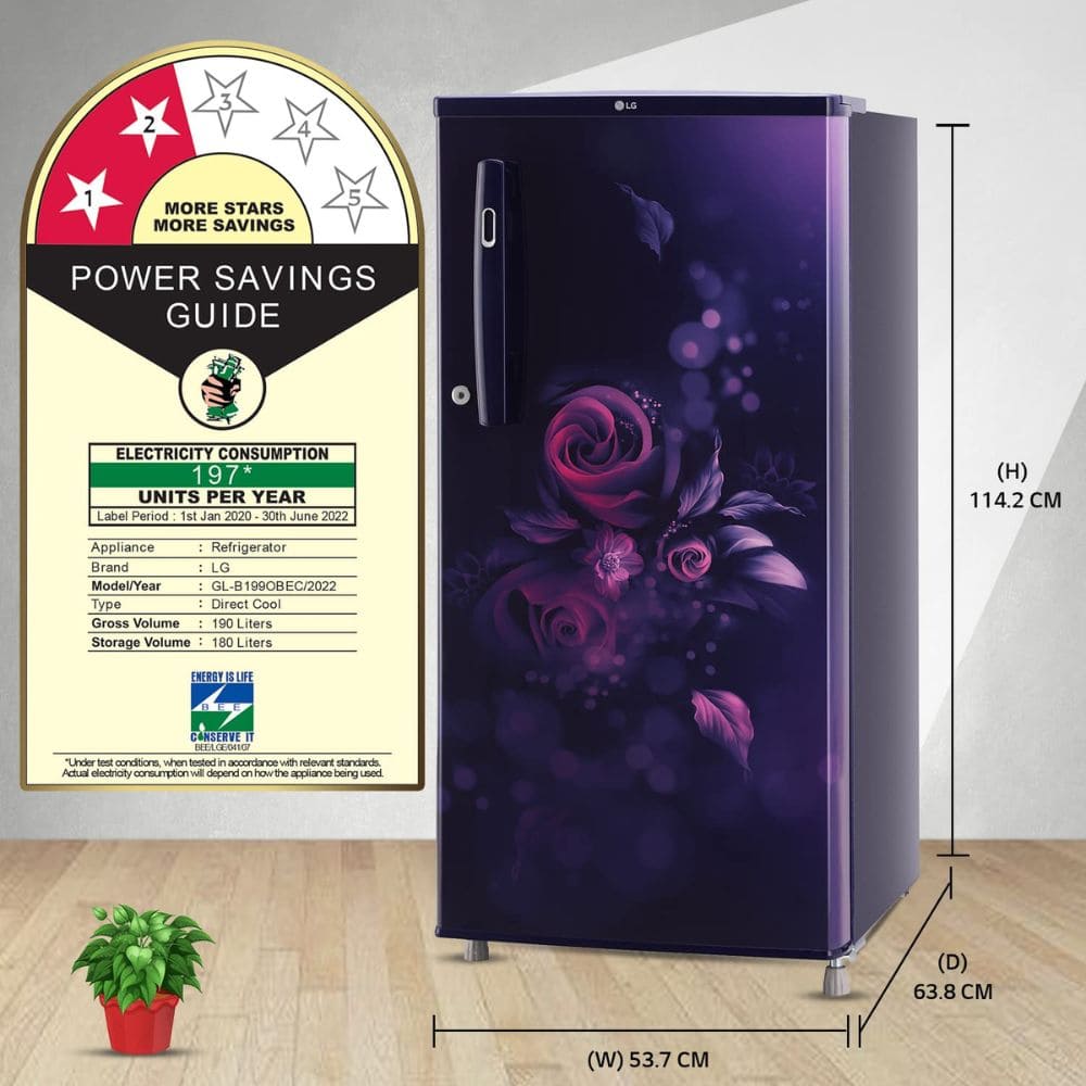 LG 190 Ltrs 3 Star Inverter Direct Cool Single Door Refrigerator (GL-B199OBEC, Blue Euphoria)