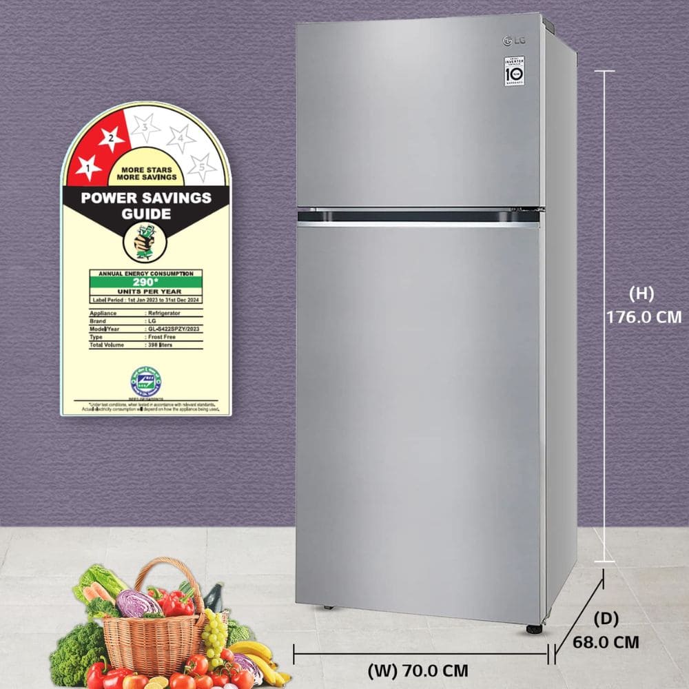 LG 398 Ltrs 2 Star, Inverter Frost Free, Double Door Refrigerator (GL-S422SPZY)
