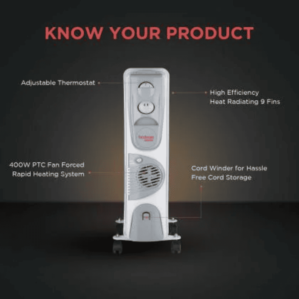 Hindware 9 Straight Fins, 2400 Watts Oil Filled Radiator Room Heater Heater (Atlantic SALOME9f, Grey)