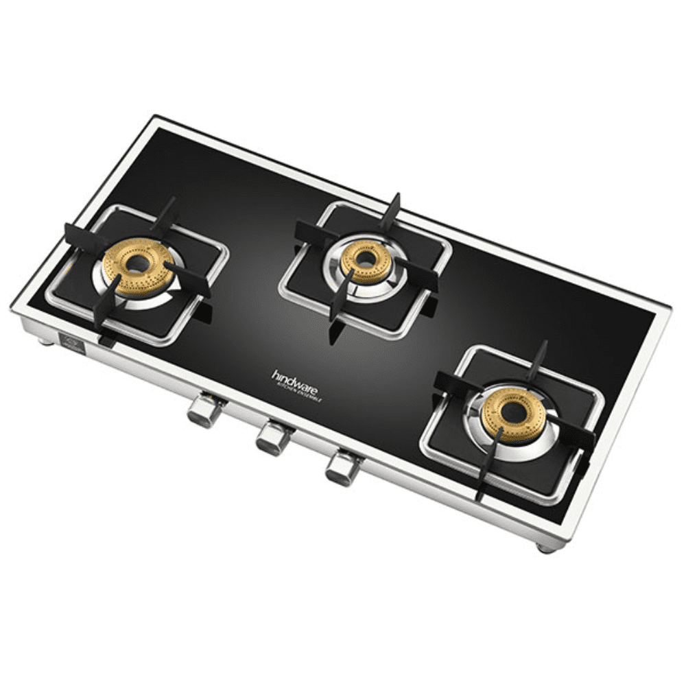 Hindware Cooktop, DARIO SS 3B AI, 3 Burner cm Auto Ignition Glass Top Stainless Steel Burner 3 Medium Gas Stove (Black)