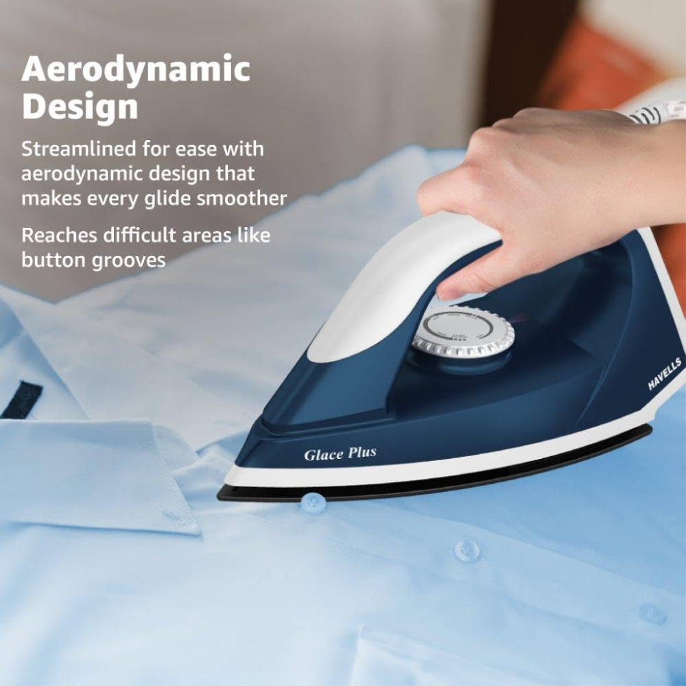 Havells Glace Plus, 1000 Watts Non Sick Coated Sole Plate Dry Iron Press (Blue)