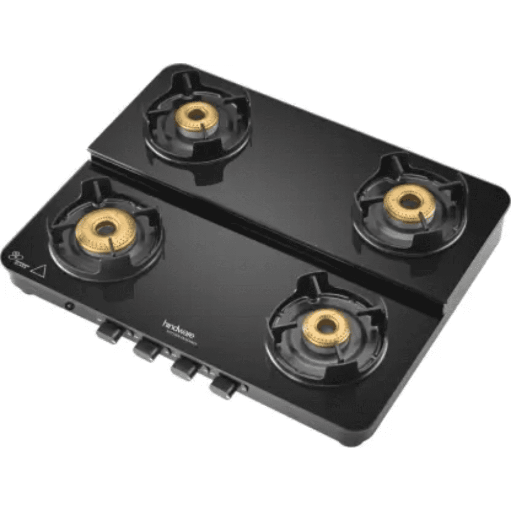 Hindware Cooktop, ALVERIO DPLX 4B4 Burner 63 cm Glass Top Stainless Steel Burners 4 Medium Gas Stove (Black)