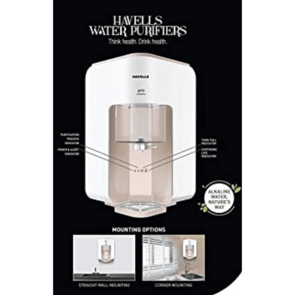 Havells Pro, 7 Ltrs RO+UV+Copper+Zinc+Minerals Wall Mountable Water Purifier, White & Beige