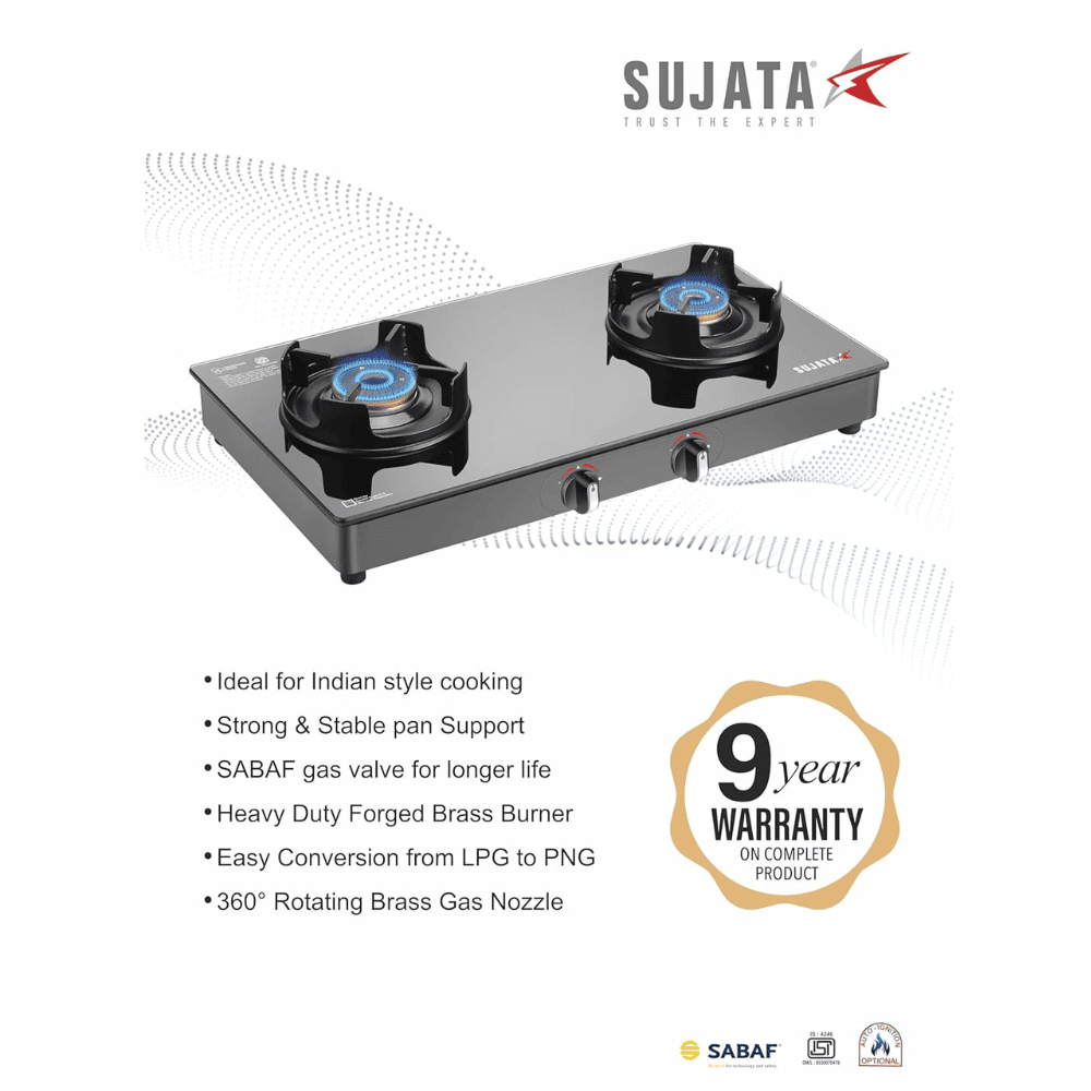 Sujata Cooktop Deluxe, 2 Burner Glass Top Brass Burner Gas Stove (Black)