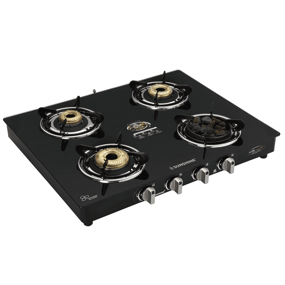Sunshine Cooktop, 4BR METHI ANGEETHI PRO, 4 Burner 50 cm Manual Ignition Glass Top Brass Burner 1 Lava Rocks Medium + 1 Small +1 High Flame Gas Stove (Black)