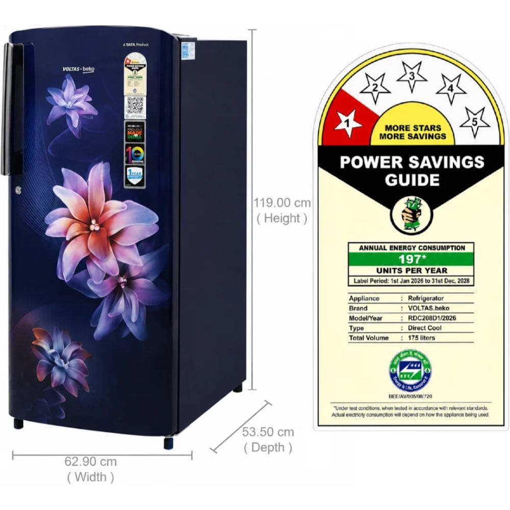 Voltas Beko 175 Ltrs, 2 Star Direct Cool Single Door Refrigerator (RDC208D1, Blue)