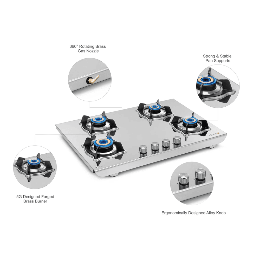 Sujata Cooktop Robusto CR AI, 4 Burner Auto Ignition Stainless Steel Gas Stove (Silver)