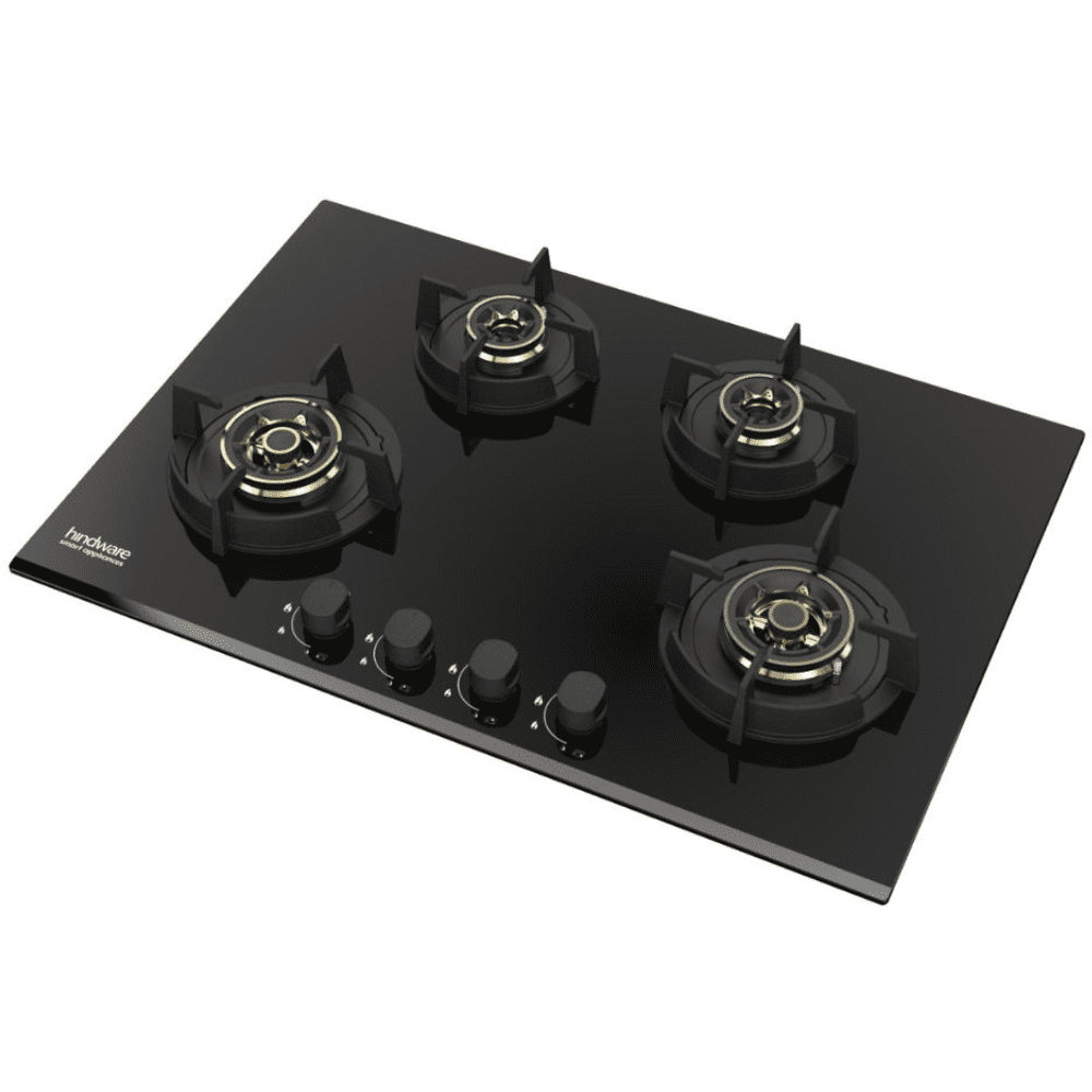 Hindware Hob, HAZEL 4B 75CM, 4 Burner 75 cm Auto Ignition Glass Top Brass Burner 2 Medium + 2 small Gas Stove (Black)