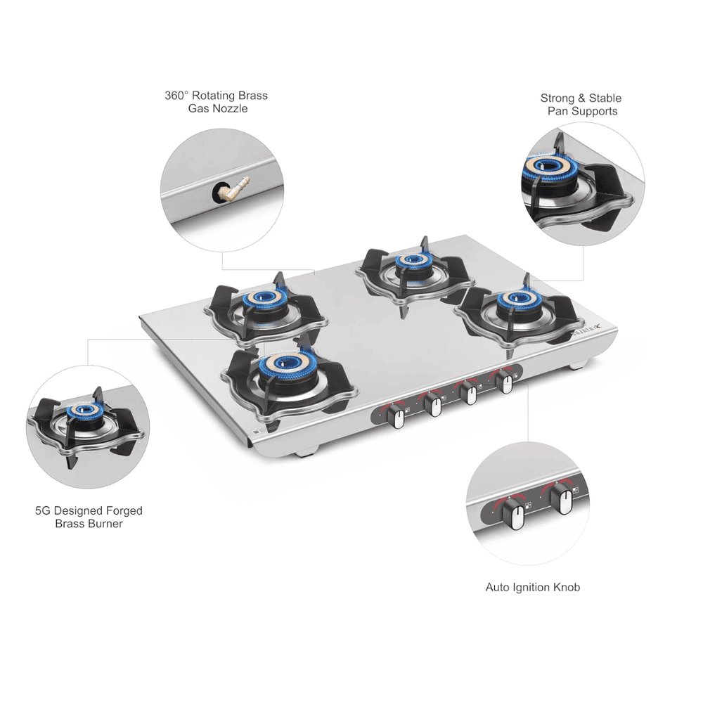 Sujata Cooktop Sterno, 4 Burner Manual Stainless Steel Glossy SS Body Gas Stove (Silver)